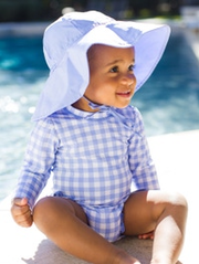 Periwinkle Blue Sun Protective Hat + Periwinkle Blue Gingham One Piece Rash Guard Set
