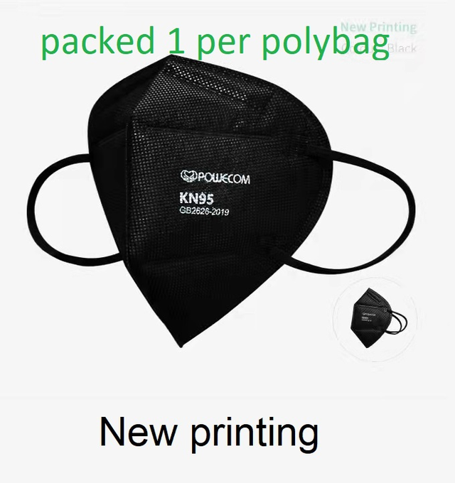 Individually Packaged - Powecom® KN95 BLACK Color Respirator Mask - 1 Mask Per Pack (Minimum Purchase of 10)- Made to the NEW GB2626-2019 Standard with Better Breathability