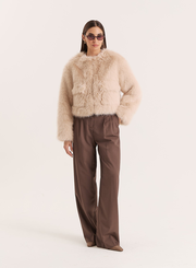 Beige Faux Fur Cropped Jacket- Reysha