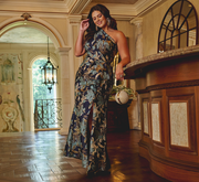 Plus Size One Shoulder Jacquard Dress In Blue Gold