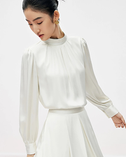 Mock Neck Pleated Silk Blouse