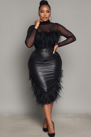 Xpluswear Design Plus Size Formal Black Mock Neck Long Sleeve Feather Vintage Bodycon PU Leather Two Piece Skirt Sets [Pre-Order]
