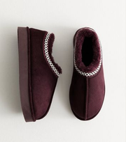 Dark Burgundy Faux Suede Cross Stitched Faux Fur Lined Slipper Boots