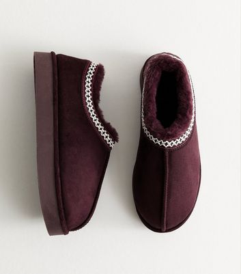 Dark Burgundy Faux Suede Cross Stitched Faux Fur Lined Slipper Boots
