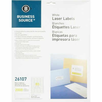 Business Source Address Laser Labels - 1/2" Width x 1 3/4" Length - Permanent Adhesive - Rectangle - Laser - White - Lignin-free, Jam-free - 80 / Sheet - 25 Total Sheets - 2000 / Pack