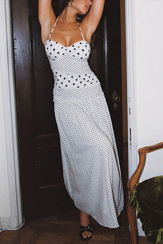 Polka Dot Print Cinch Waist Halterneck Maxi Dresses-White