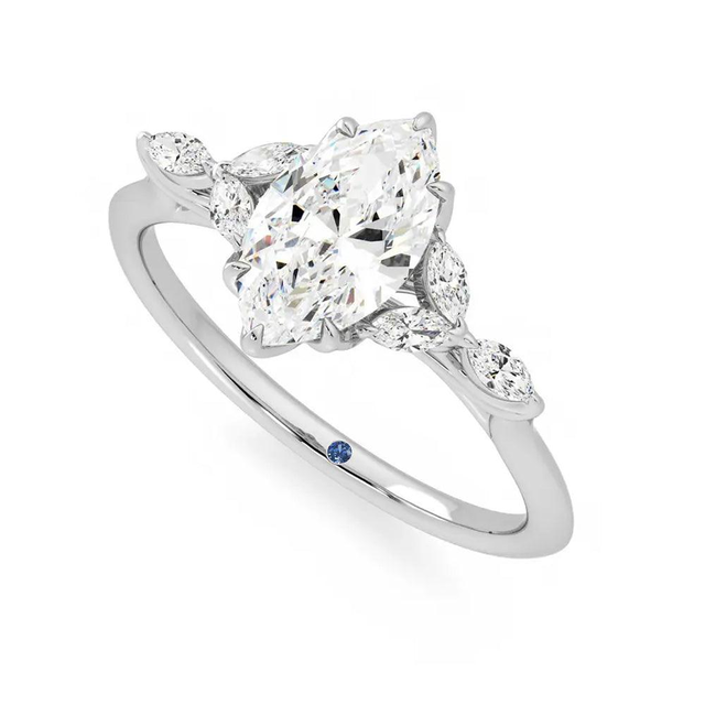 Marquise Cut Moissanite Engagement Ring with Petals and Hidden Anniversary Stone Accent