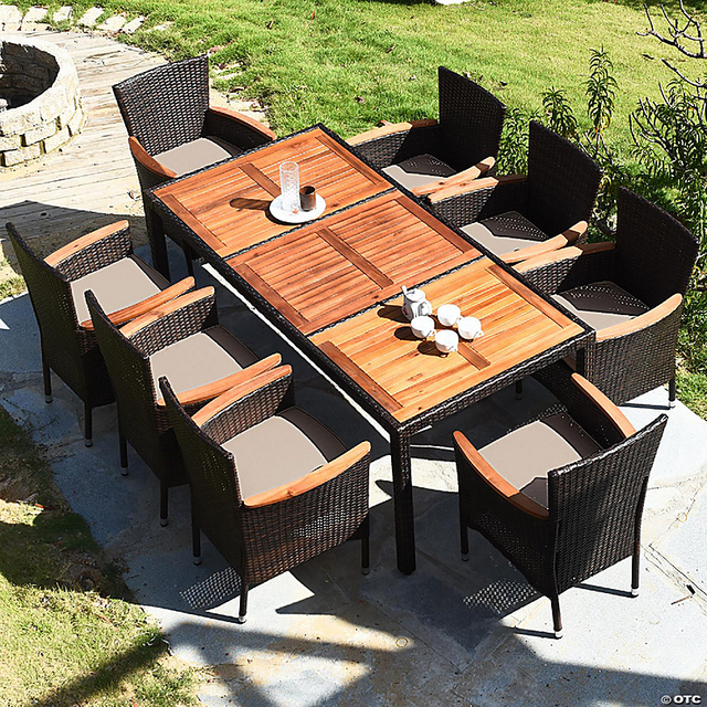 Costway 9PCS Patio Wicker Dining Set Acacia Wood Table Top Umbrella Hole Cushions Chairs