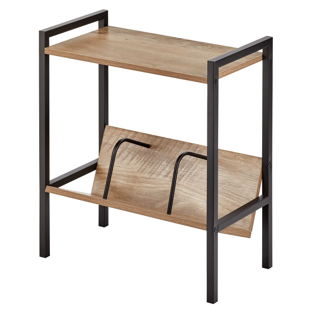 Metal and Wood Side Table with Built-In Bookshelf