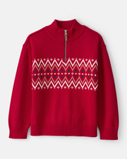 Boys Fair Isle Cotton Quarter-Zip Long-Sleeve Sweater - Red