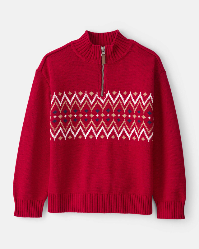 Boys Fair Isle Cotton Quarter-Zip Long-Sleeve Sweater - Red