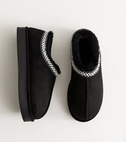 Black Faux Suede Cross Stitched Faux Fur Lined Slipper Boots