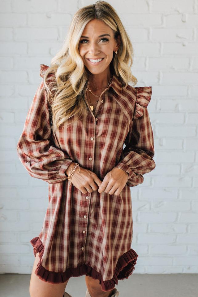 Jonnie Plaid Ruffled Accent Shirt Dress | Brick