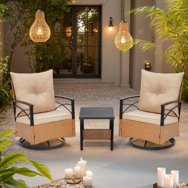EROMMY 3-Piece Patio Swivel Rocker Set with Rattan Coffee Table, Beige
