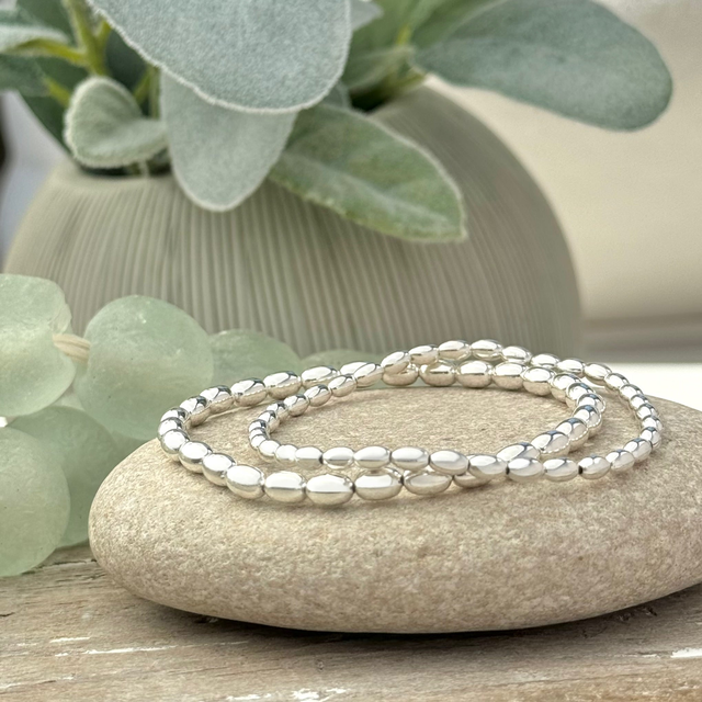 3mm or 4mm Sterling Silver Oval Beaded Stretch Bracelet