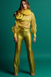 Semi sheer shirt style top with fully sequined pants