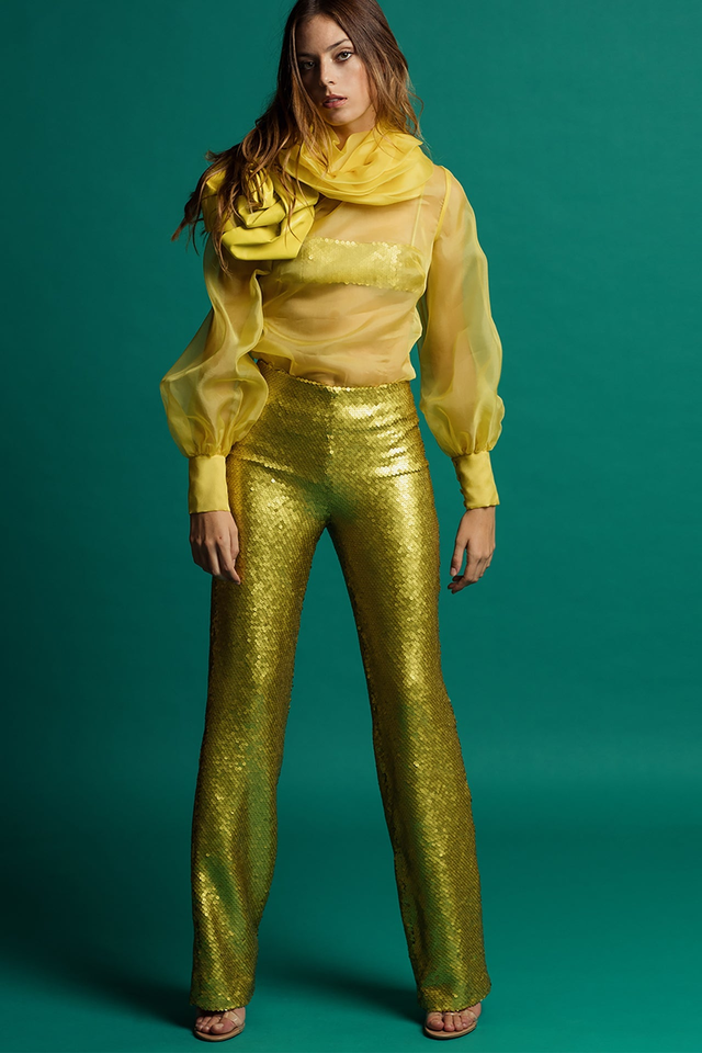 Semi sheer shirt style top with fully sequined pants