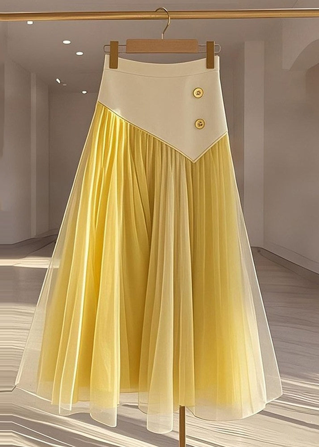 Modern Yellow High Waist Patchwork Tulle Skirts Fall