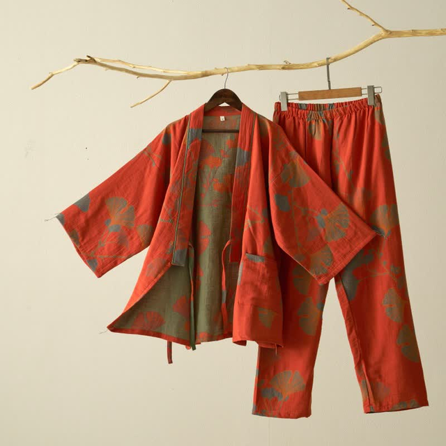 Ownkoti Large Ginkgo Leaf Cotton Kimono Pajamas