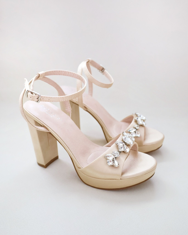 Satin Platform Block Heel Sandals with Navette Rhinestones