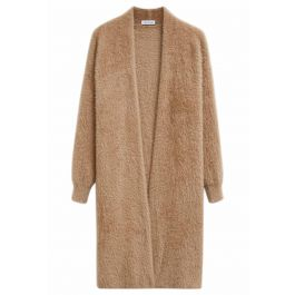 Cloud Touch Fuzzy Knit Longline Cardigan in Tan