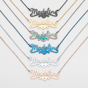 Stainless Steel Script Name with CZ Heart Scroll Necklace