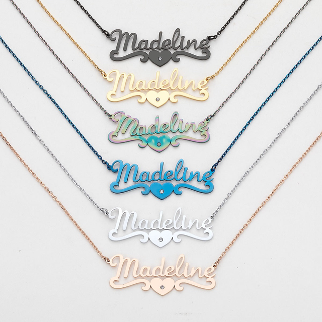 Stainless Steel Script Name with CZ Heart Scroll Necklace