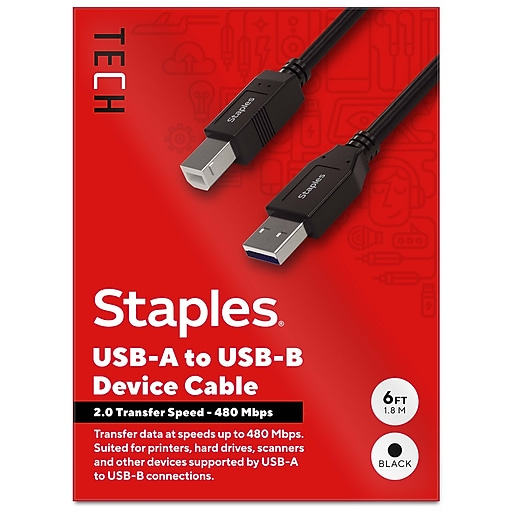 Staples TECH 6 ft. USB-A to USB-B 2.0 Cable, Male to Male, Black (ST62438)