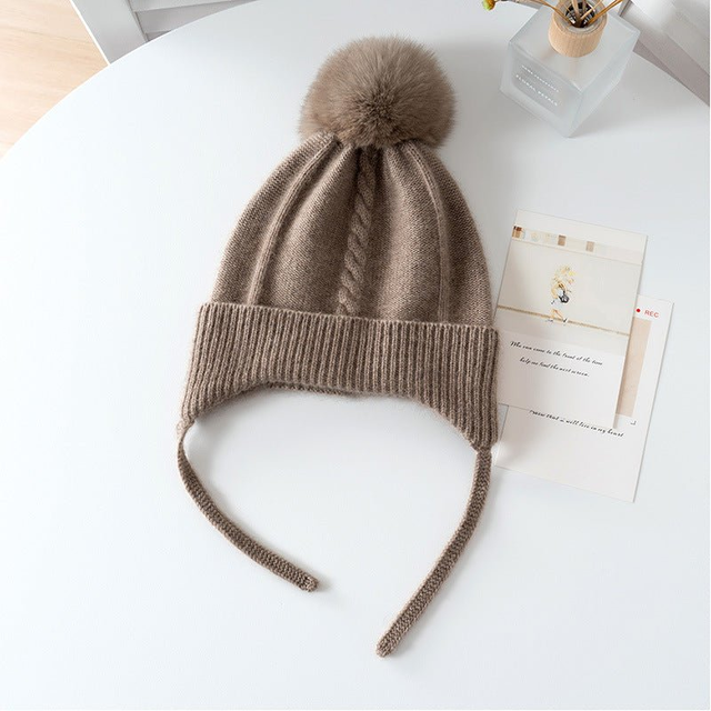 Kids Cashmere Knit Hat with Earflaps and Ties Pom-Pom Cashmere Beanie