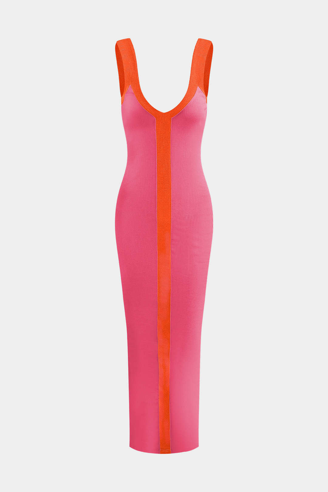 Colorblock V-neck Knit Split Maxi Dress