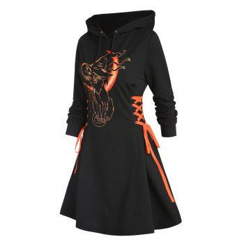 Halloween Cat Witch Moon Print Lace Up Hooded Dress Drawstring Long Sleeve Mini Dress
