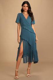 Next to You Slate Blue Swiss Dot Ruffled Midi Dress