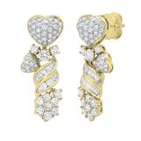 5.77 Carat (ctw) Round & Baguette White Diamond Ladies Heart Swirl Drop Earrings 18K Yellow Gold