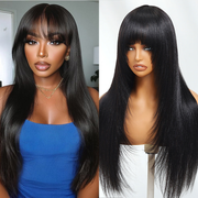Klaiyi Yaki Straight Human Hair Glueless Wig with Blunt Cut Bangs Natural Black Color