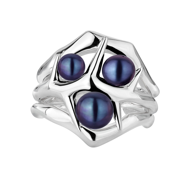 Blackthorn Triple Ring - Silver & Black Pearl