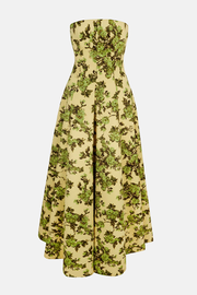 Ragna Gown In Green Centifolia Rose Floral Print Taffeta Faille