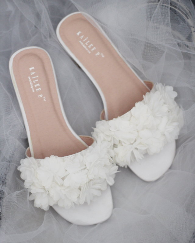 Satin Slide Wedding Sandals with Allover Chiffon Flowers