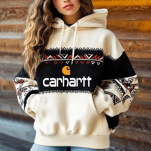 Women's Vintage Ethnic Color Block Pocket Oversized Long Sleeve Hoodie