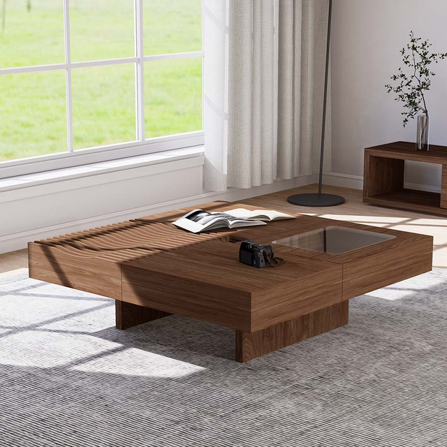 Mid Century Modern Coffee Table, Minimalist Wood Veneer Coffee Table with Multifunctional Storage for Living Room, 39.37'', Walnut