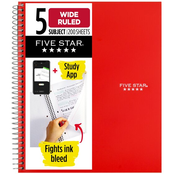 Five Star Wirebound Notebooks, 5 Subject, Wide Ruled