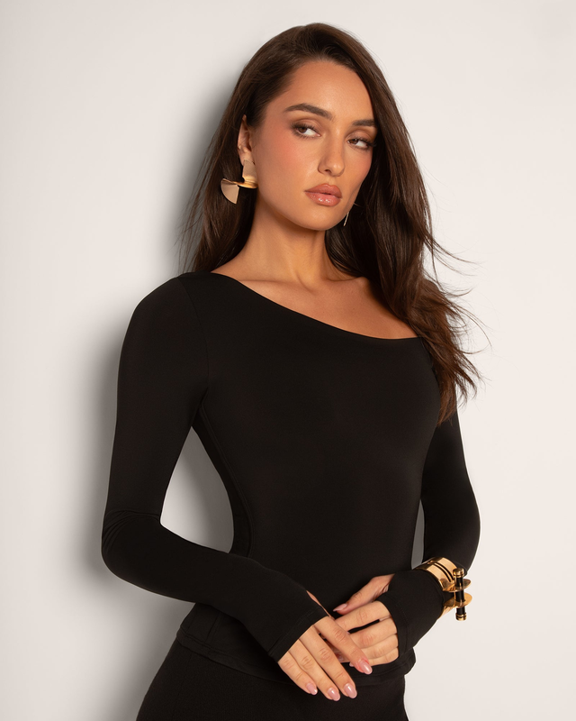 Sculpty One Shoulder Long Sleeve Top - Black