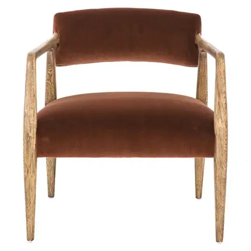 Pia Mid Century Modern Brown Upholstered Velvet Natural Wood Frame Arm Chair