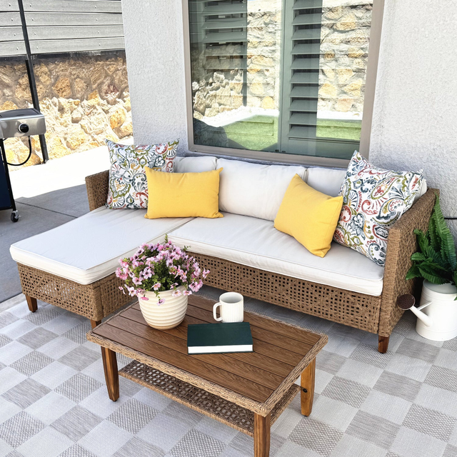 Boho Style Outdoor Wicker Conversation Sofa set with Acacia Wood Coffee Table - Sophia & William
