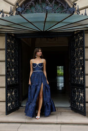 The Lucetta Dress with Beads in Navy Baroque Floral