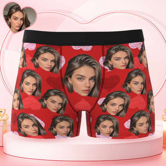 Valentine's Day Gifts Custom Big Face Boxer Shorts Colorful Waistband Red Boxer Briefs Red and Pink Hearts Gifts For Him