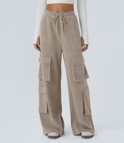 Ribbed Mid Rise Drawstring Multiple Pockets Wide Leg Cargo Casual Pants