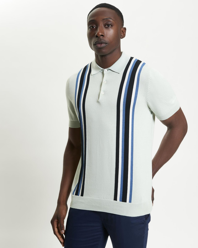 Vertical Stripe Knitted Polo in Light Green