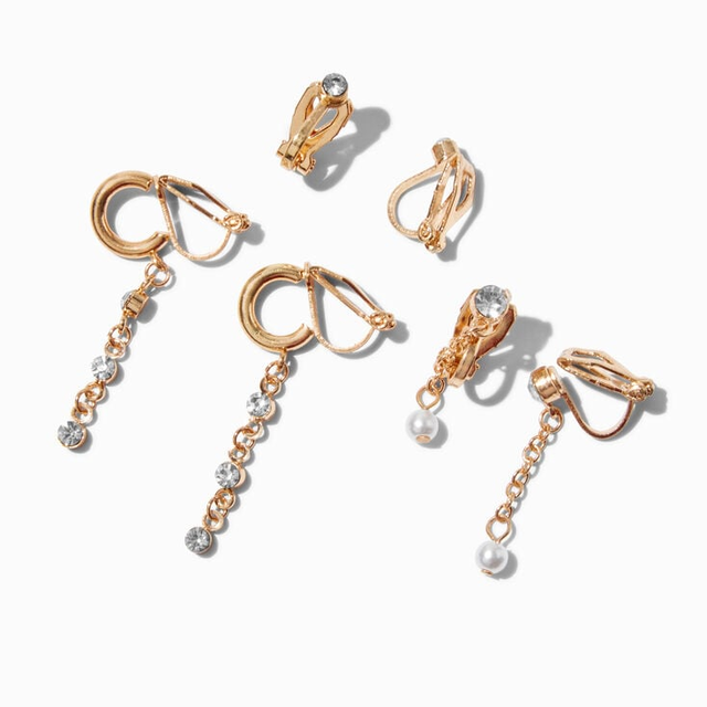 gold-tone embellished chain clip-on stud earrings - 3 pack