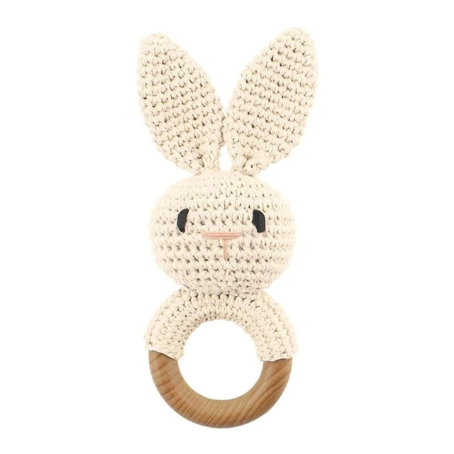 Organic Crochet Bunny Rattle – Natural Wood Ring