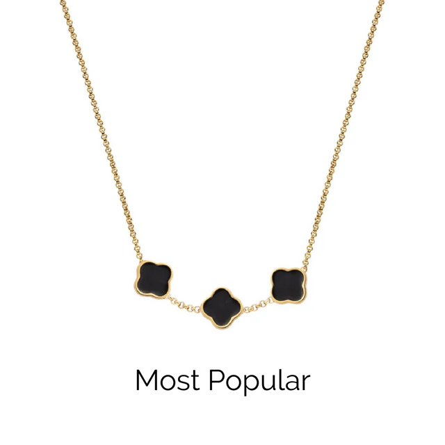 Black Enamel Clover Custom Name Necklace (Gold)